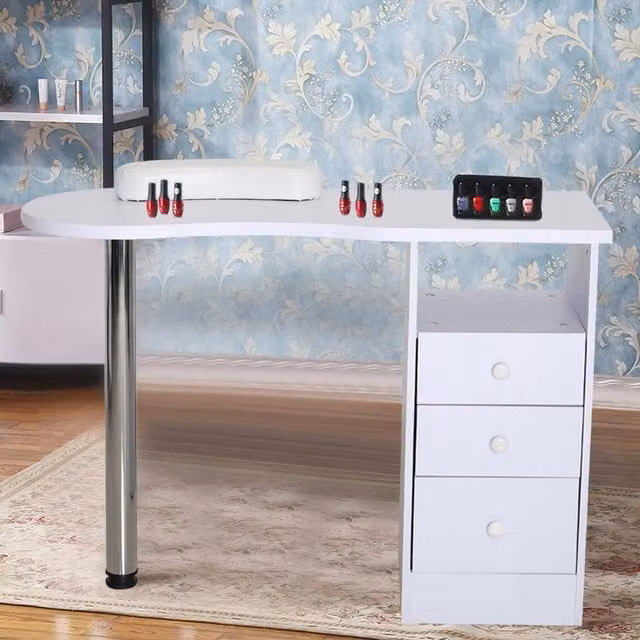 Livingandhome Modern White Wooden Nail Table with 3 Drawers and Wheels