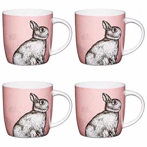 KitchenCraft Fine Bone China Rabbit Printed Mugs, 425 ml - Pink (Set of 4)
