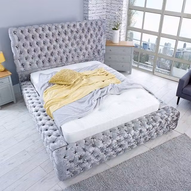 Paradise Beds Ltd Geneva King Luxury Button Ottoman Bed Frame with Gas Lift Storage in Silver Velvet
