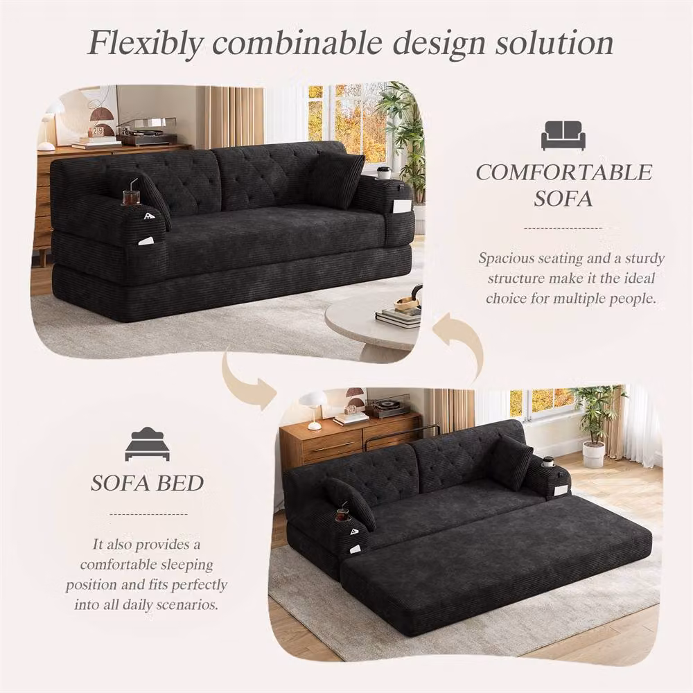 Direct Wicker 3-Seater Corduroy Fabric Sofa Bed with Cup Holders in Black – 3