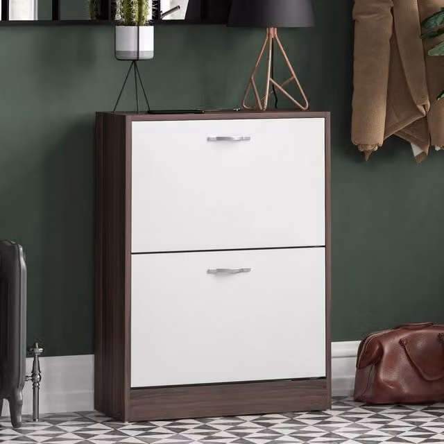 HD Designs Modern 2 Drawer White Shoe Cabinet Organizer with Tilting Compartments