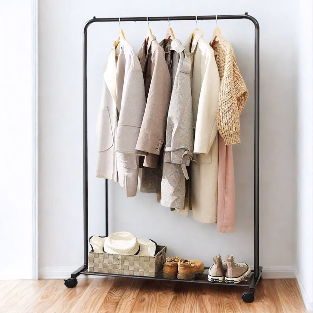 Pirlo Plush Metal Clothes Rail with Storage Shelf on Wheels in Matt Black – 2