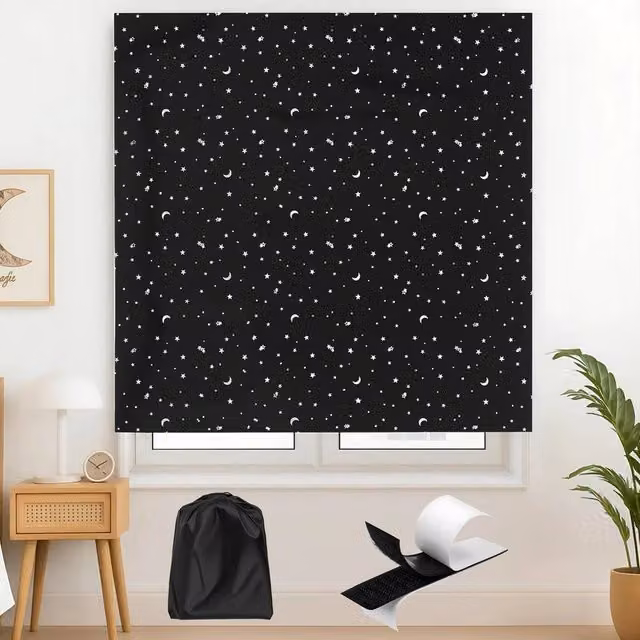 FLAVORA Adhesive Blackout Blinds in Black, Thermal Insulating Polyester, W/H: 200 x 145 cm – 1