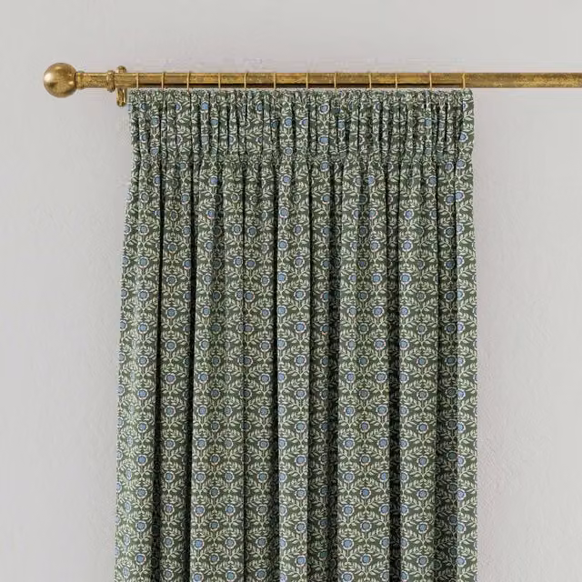 Joules Floral Foulard Green Cotton Opaque Fabric Panel Curtains W/H: 228.6 x 228.6 cm