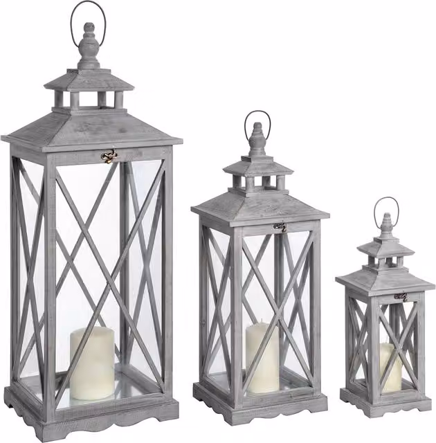 Love Lace Set of Three Grey Wooden Lanterns with Traditional Cross Section
