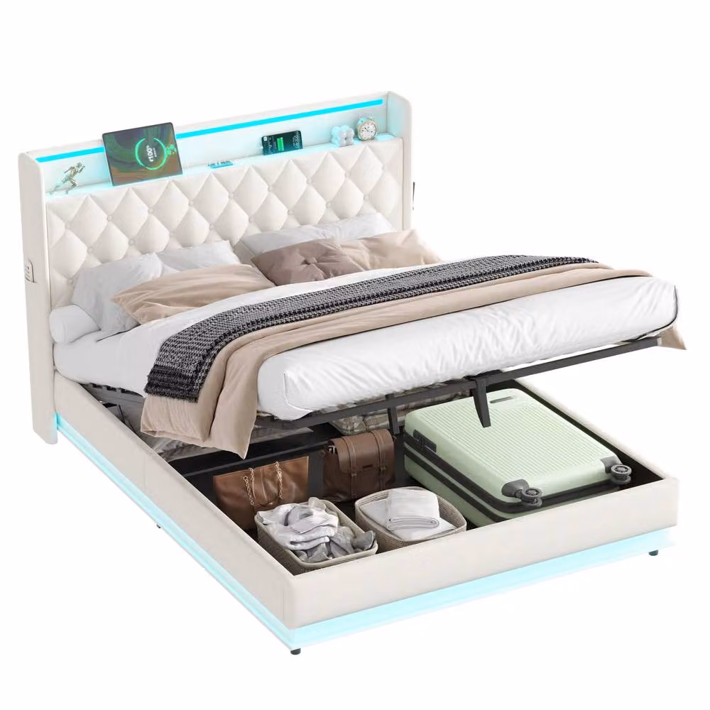 Merax Beige Fabric Hydraulic Storage Bed with LED Headboard, USB Charging Port and Bedside Shelf, W/D/H: 140 x 200 cm – 3