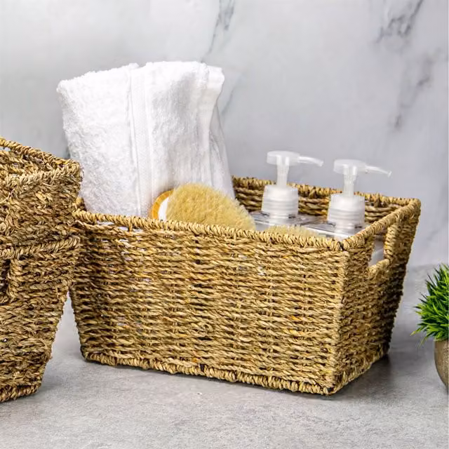 Maison & White Brown Open Weave Seagrass and Metal Storage Basket with Handles