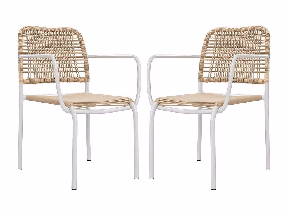 MYLIA Set of 2 Stackable Modern Garden Armchairs in Beige Metal and Woven Resin – 2
