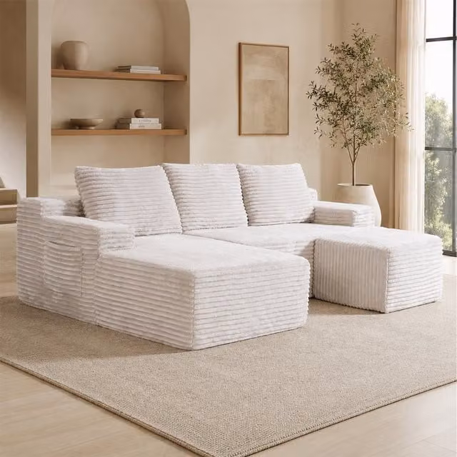 Mimo Modular Grey Corduroy Fabric Chaise Longue Sofa Set with Matching Ottoman