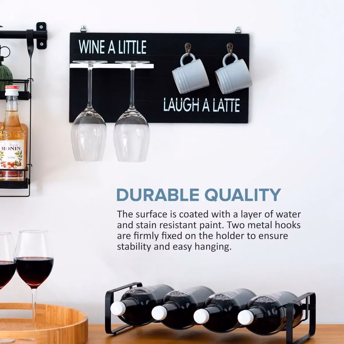 Wicked Gizmos Wall Mounted Wooden Coffee Mug and Wine Glass Holder in Black – 3