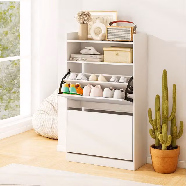 COSTWAY Minimalist White Freestanding Shoe Storage Cabinet with Tilting Compartments and Open Shelves W/D/H: 60 x 24 x 102 cm