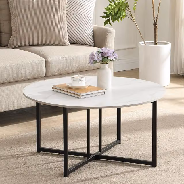 Artemis Home Solstice Round Coffee Table in White with Ceramic Top and Sled Base, Diameter: 80 cm, Height: 80 cm