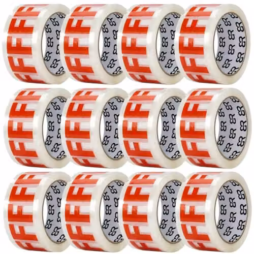AQUARIUS Fragile Packing Tape, 12 Rolls, Red and Transparent, Width: 48 mm, Length: 66 m