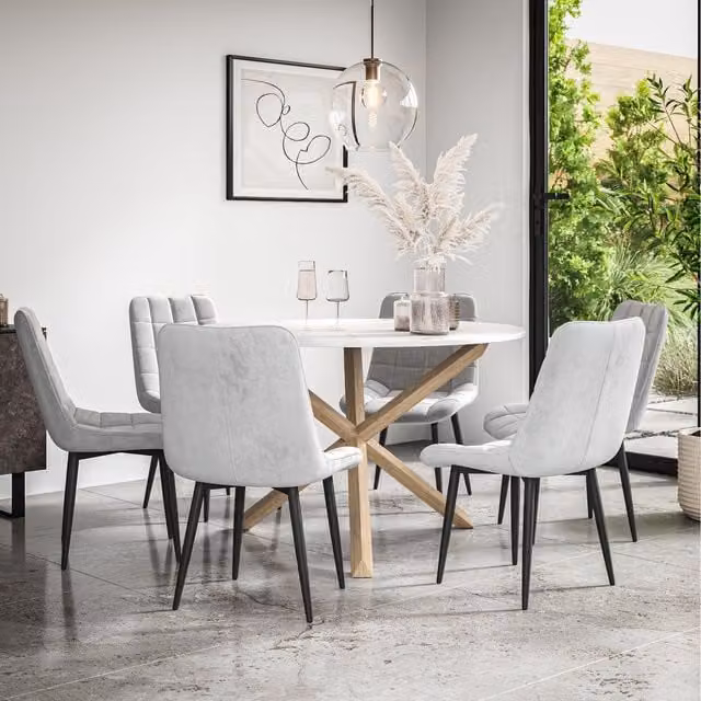 More4Homes Malvern Round Marble Effect Dining Table Set with Oak Legs and 6 Grey Nova Velvet Chairs