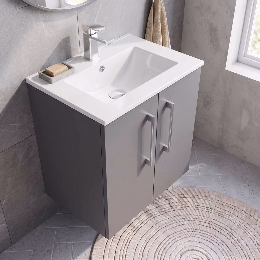 Balterley Modern Wall Hung Bathroom Vanity Unit with Basin and Soft Close Doors, Grey, Width: 34.5 cm – 2