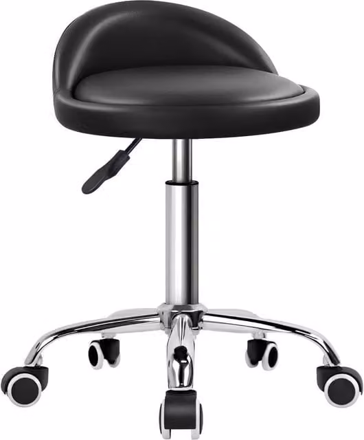 KKTONER Comfortable Black PU Leather Round Rolling Stool with Back Rest and 360 Degree Swivel