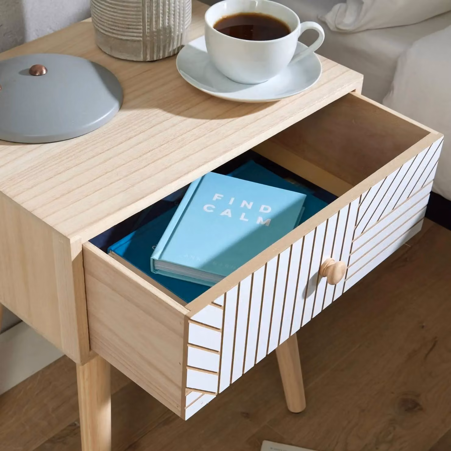Home Source White Scandi Style Bedside Table with One Drawer and Pine Wooden Legs – 2