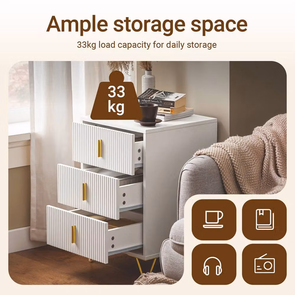 SoBuy Set of 2 White Bedside Tables with 3 Drawers, Ribbed Front and Gold Legs, Height: 63 cm – 6