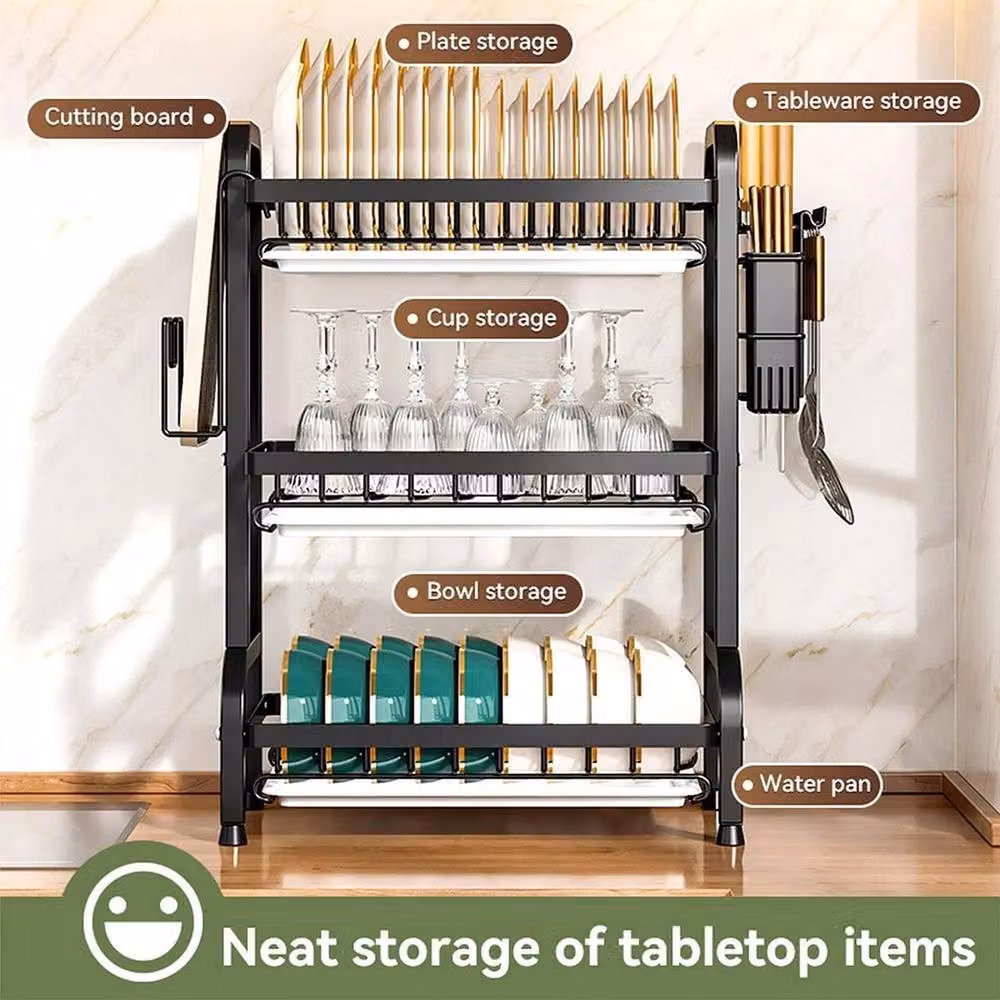 NESTLUNE 3 Tier Kitchen Dish Drainer Rack with Drip Tray and Cutlery Holder, Black, W: 100 cm, D: 15 cm, H: 15 cm – 3