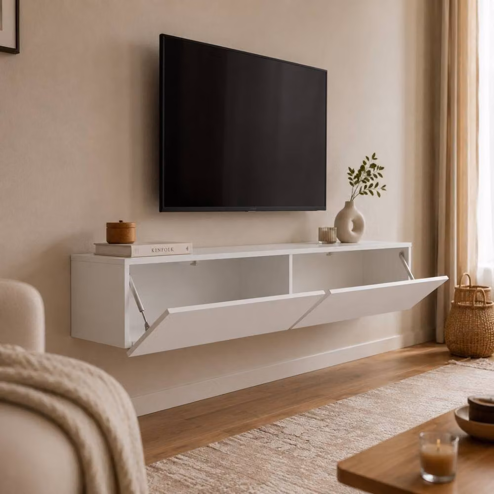 CALICOSY Modern White Glossy Wall-Mounted Cabinet with Hinged Doors and Open Shelves – 2