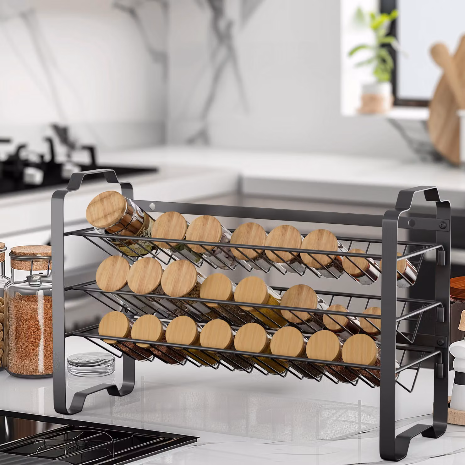 Xample 2 Tier Metal Spice and Herb Jar Rack Free Standing Kitchen Storage Organiser in Black – 3