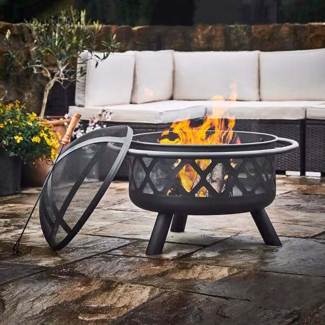 Teamson Home Black Steel Round Wood Burning Fire Pit with Cover and Poker, Diameter: 75 cm – 1