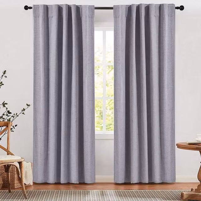 Livingandhome Pair of Grey Plain Faux Linen Blackout Fabric Curtains, Height: 229 cm