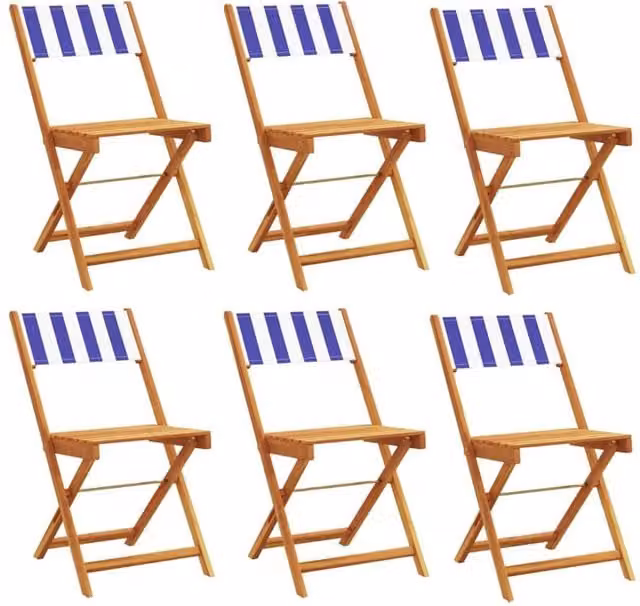 Berkfield Home Set of 6 Folding Garden Chairs in Blue and White Striped Fabric with Acacia Wood Frames