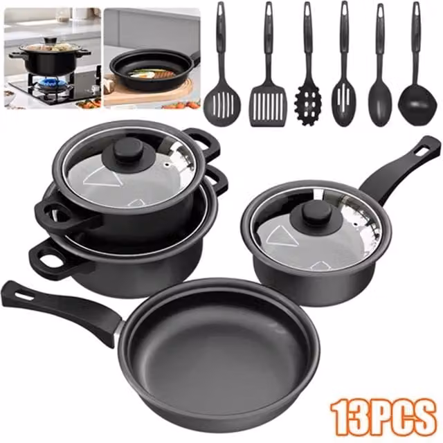 Nordara 13 Piece Non-Stick Cookware Set with Frying Pan, Saucepan and Glass Lids in Black