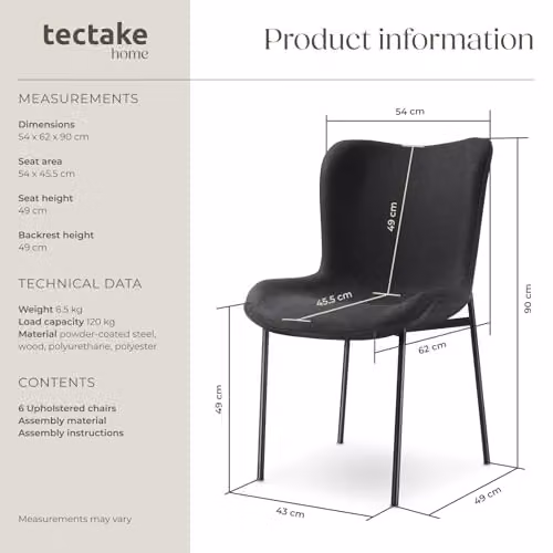tectake Set of 6 Scandi Style Dining Chairs in Black Woven Fabric with Ergonomic High Backrest and Steel Legs – 3