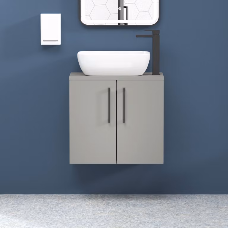 Elva Modena 800mm Wall Hung Vanity Unit in Satin Grey with Matt Black Handles and Countertop Basin by Royal Bathrooms