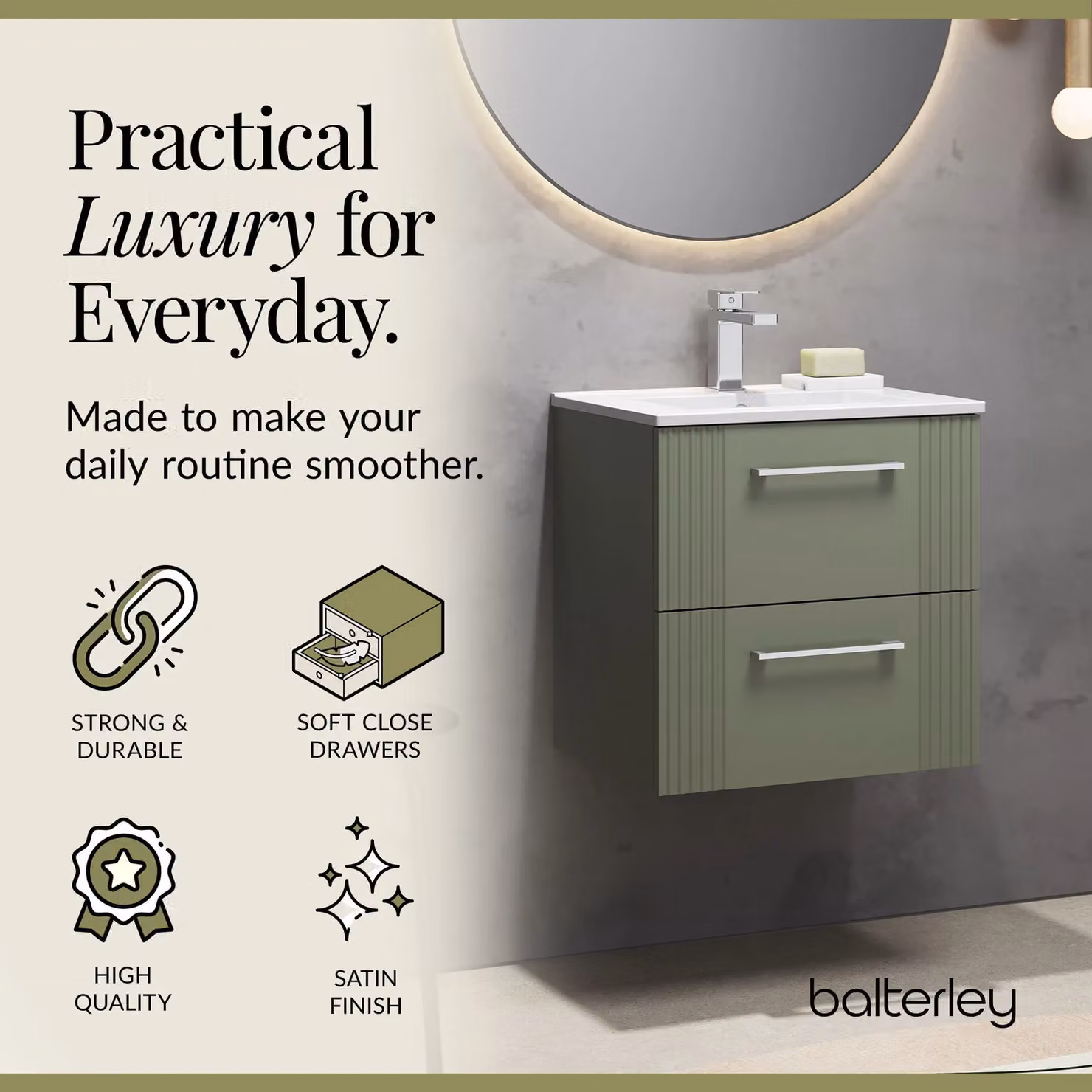 Balterley Wall Hung 2 Drawer Vanity Unit with Minimalist Basin, Satin Green – 3