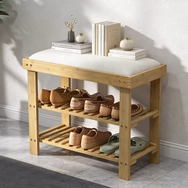 ERGOVEXA Bamboo 3-Tier Shoe Bench with Fabric Cushion Seat in White