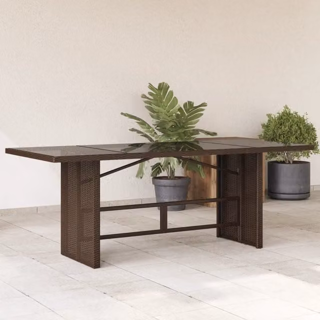 Berkfield Home Brown Poly Rattan Garden Table with Glass Top, W/D/H: 190 x 80 x 74 cm