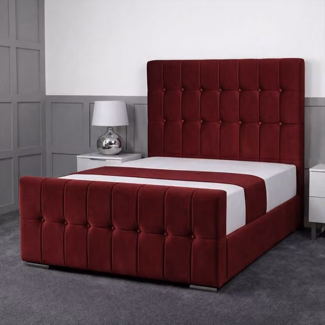 Living Comfort Bedz Belmont Plush Velvet Upholstered Bed with Slatted Base in Maroon, Super King, W/D/H: 200 x 200 cm