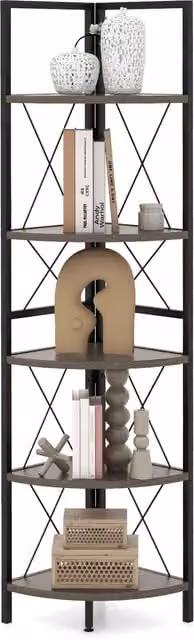 Costway 5 Tier Corner Bookshelf in Oak and Grey