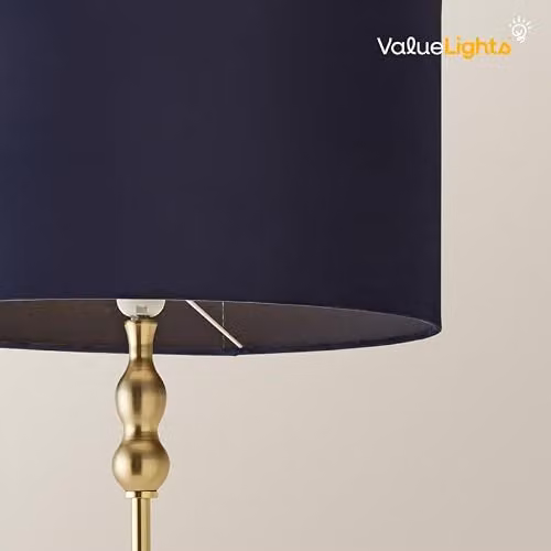 ValueLights Gold Metal Candlestick Floor Lamp with Navy Blue Velvet Drum Shade and LED Bulb – 3