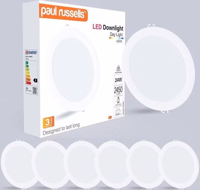 Paul Russells 24W Round Recessed LED Downlight, 2450lm, 6500K Cool White, IP20, White