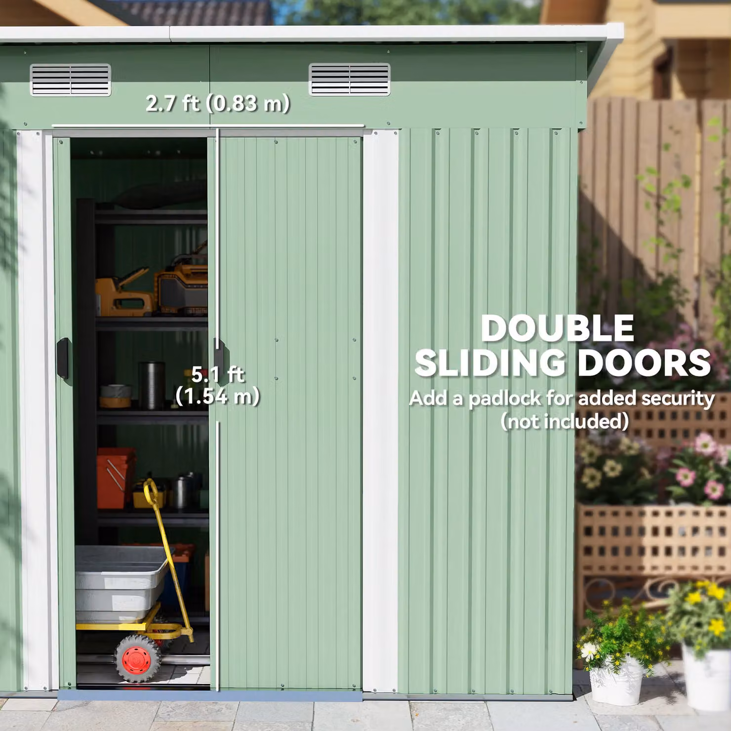 Outsunny Metal Pent Garden Storage Shed with Window and Sliding Door, Green, W/D/H: 213.36 x 121.92 x 182.0 cm – 4