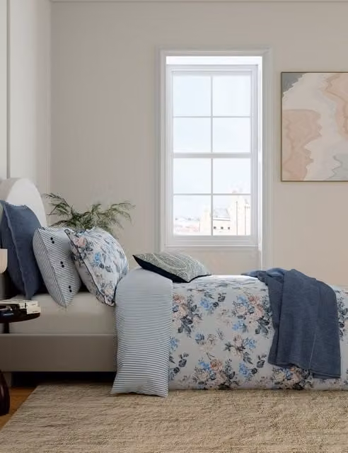 Bedeck of Belfast Blue Floral Vintage Cotton Percale Bedding Set W: 140 cm, L: 200 cm
