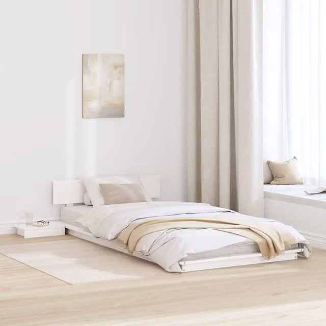 Berkfield Home White Solid Wood Floor Bed Frame with Headboard and Bedside Shelves, W/D/H: 80 x 200 cm
