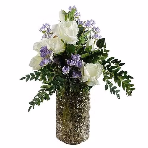 Leaf Design Mixed White and Purple Artificial Floral Display with Glass Vase, Height: 60 cm