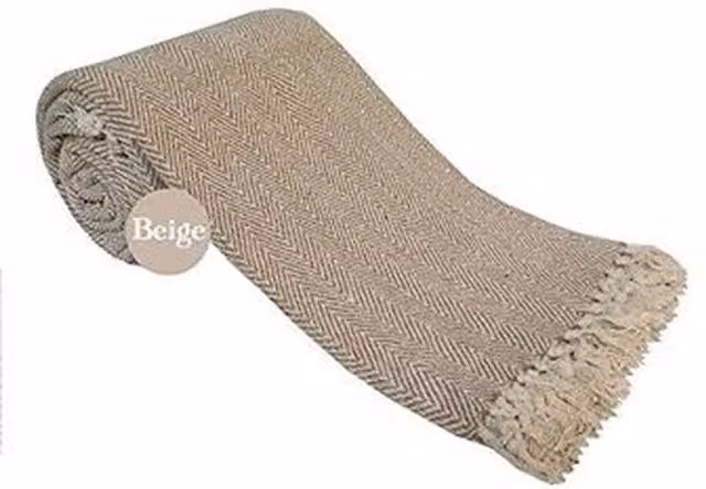 Bellissimo Woven Cotton Herringbone Throw with Fringes in Beige and Brown