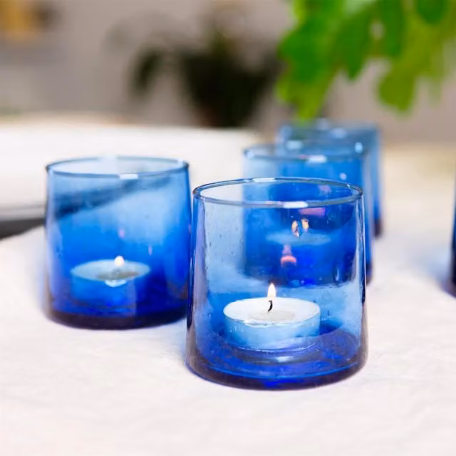 Nicola Spring Merzouga Moroccan Recycled Glass Tealight Holder, Blue and Green, Round Tabletop Design