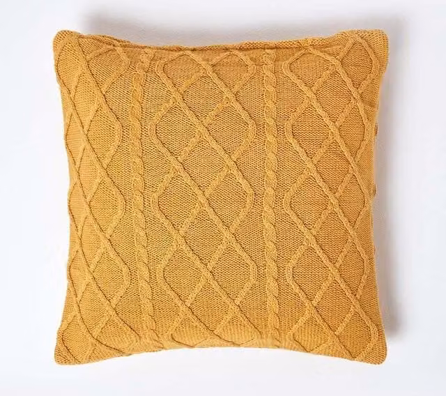 Homescapes Mustard Cable Knit Cotton Cushion Cover, W/D/H: 45 x 45 x 45 cm