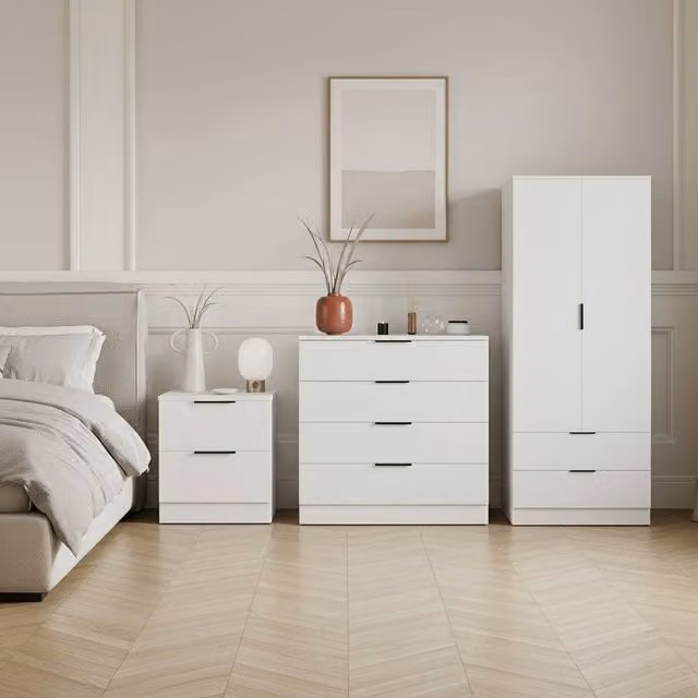 Home Discount Vida Designs Trega 3 Piece White Bedroom Set including Wardrobe, 4 Drawer Chest and 2 Bedside Tables