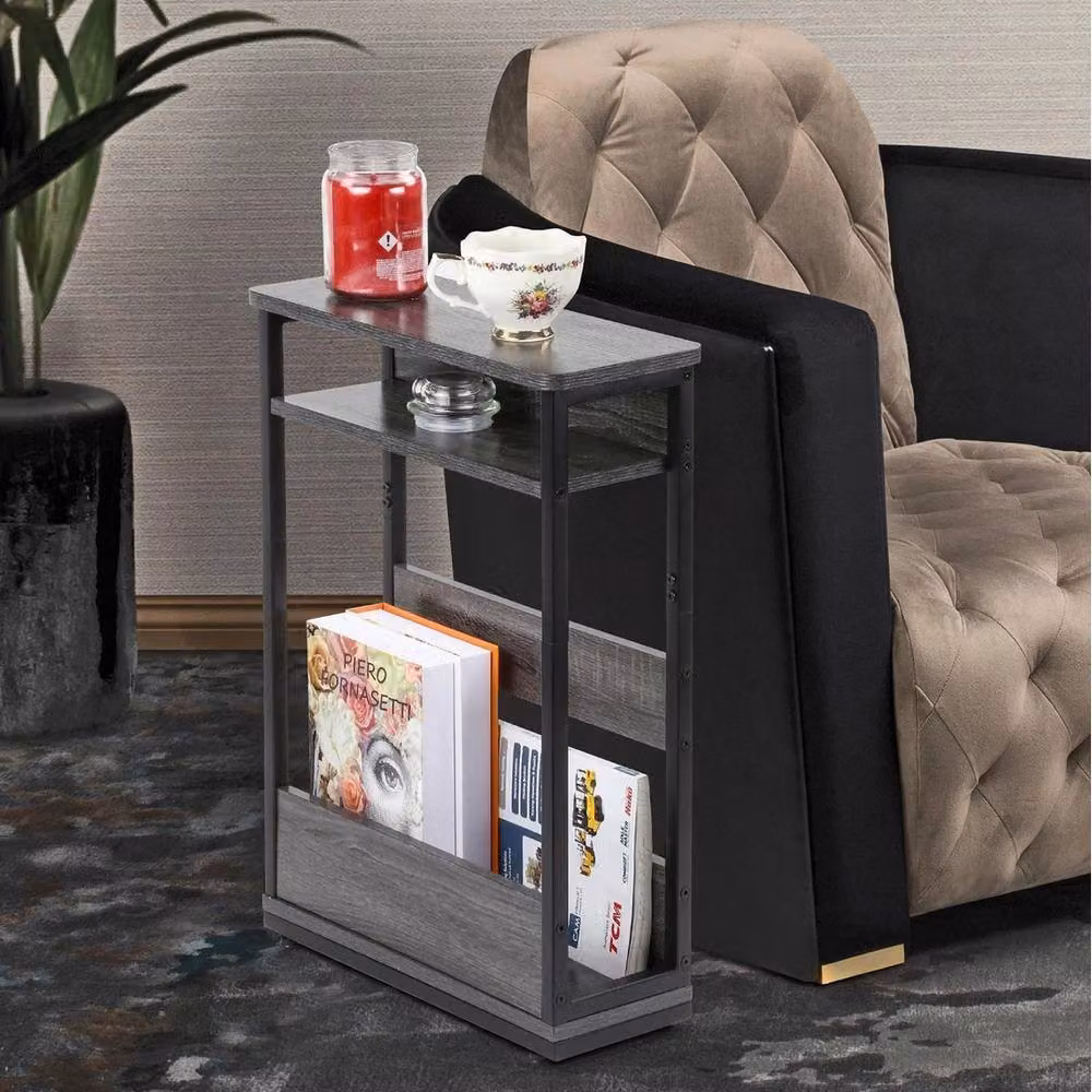 VOGREX 3-Tier Narrow Side End Table with Storage Shelf in Grey – 3