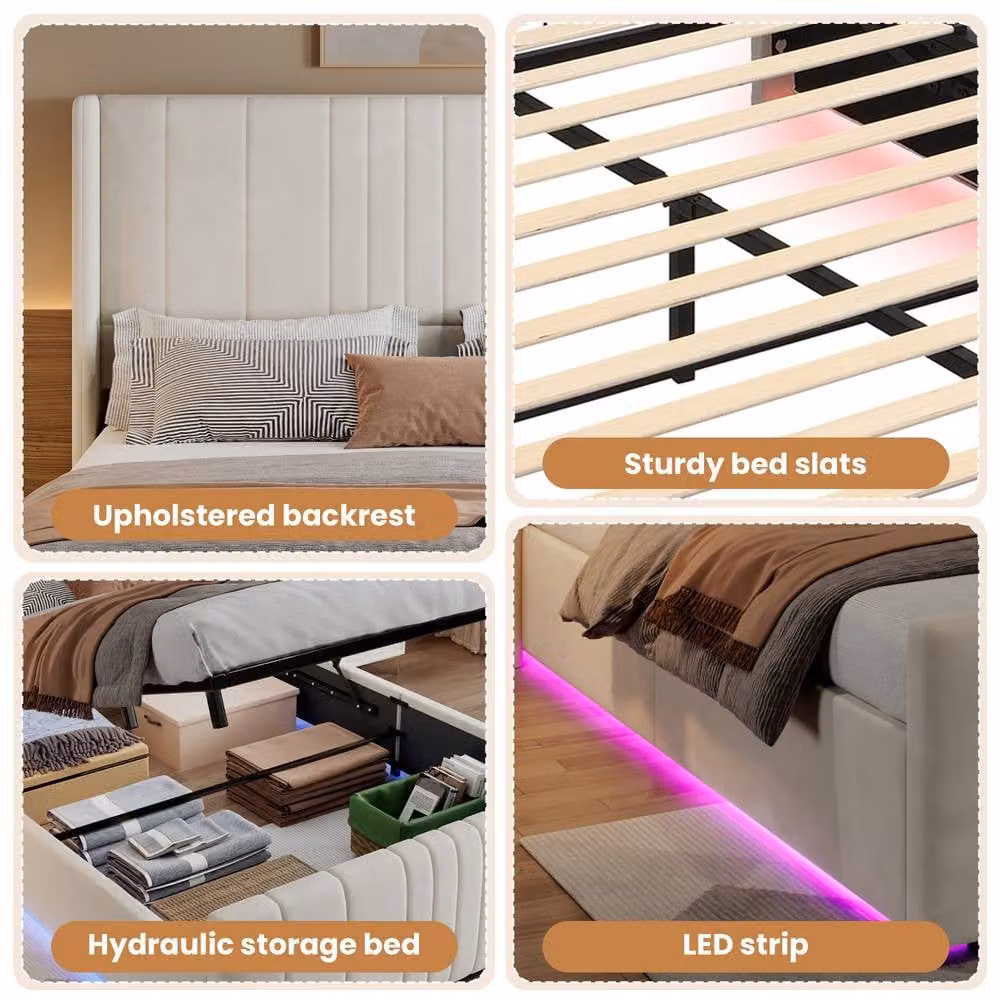 Rolipo Beige Velvet Double Ottoman Storage Bed with LED Lighting, W/D/H: 140 x 200 x 135 cm – 4