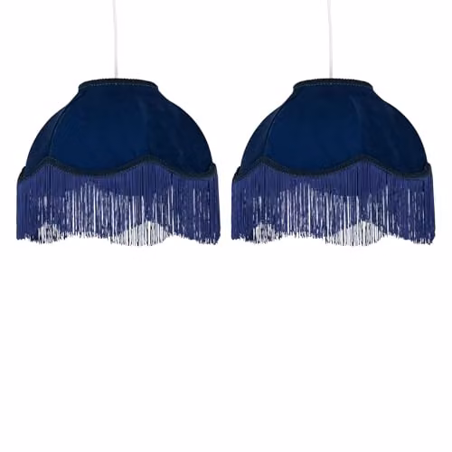 First Choice Lighting Set of 2 Navy Blue Velvet Fringed Round Pendant or Lamp Shades – 4