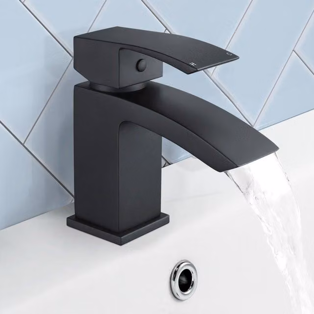 Nes Home Sierra Ceramic Cloakroom Basin with Matte Black Mono Mixer Waterfall Tap
